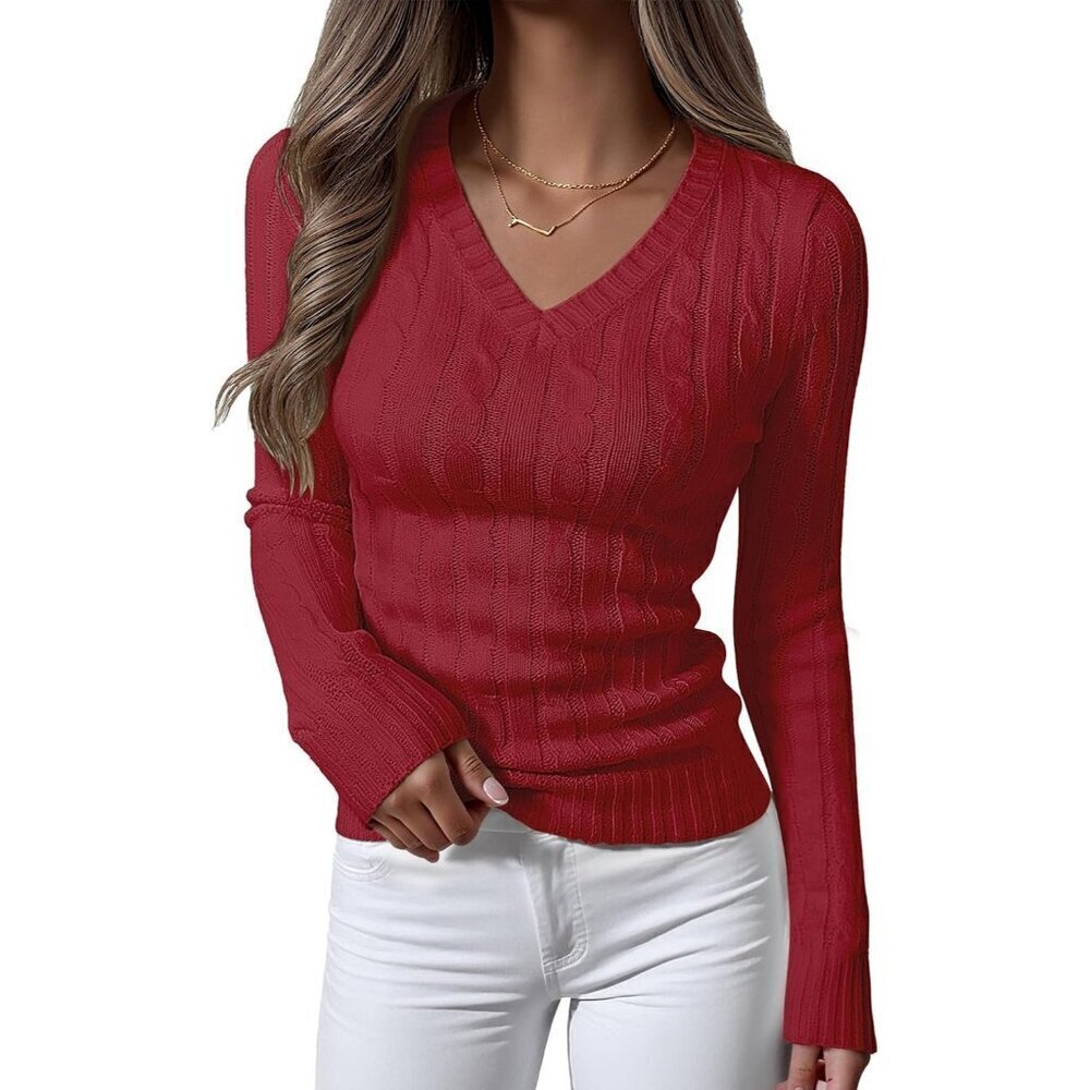 Womens Red Pull On Cable Knit Long Sleeve V Neck Fitted Casual Work Sweater